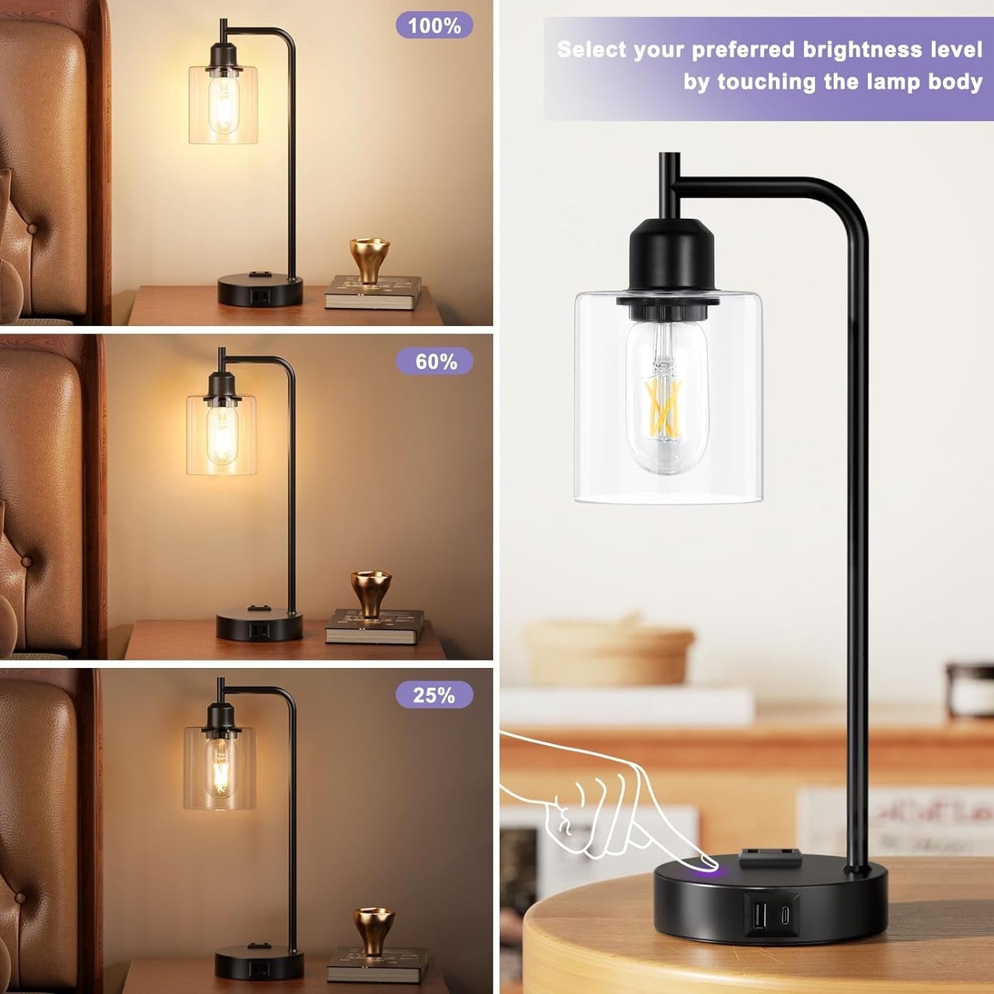 Industrial Touch Table Lamps for Bedrooms Set of 2 - 3-Way Dimmable Nightstand Lamps with USB C+A Ports and Outlet, Black Bedside Lamps with Glass Shade for Living Room, Desk Lamps for Home Office-2