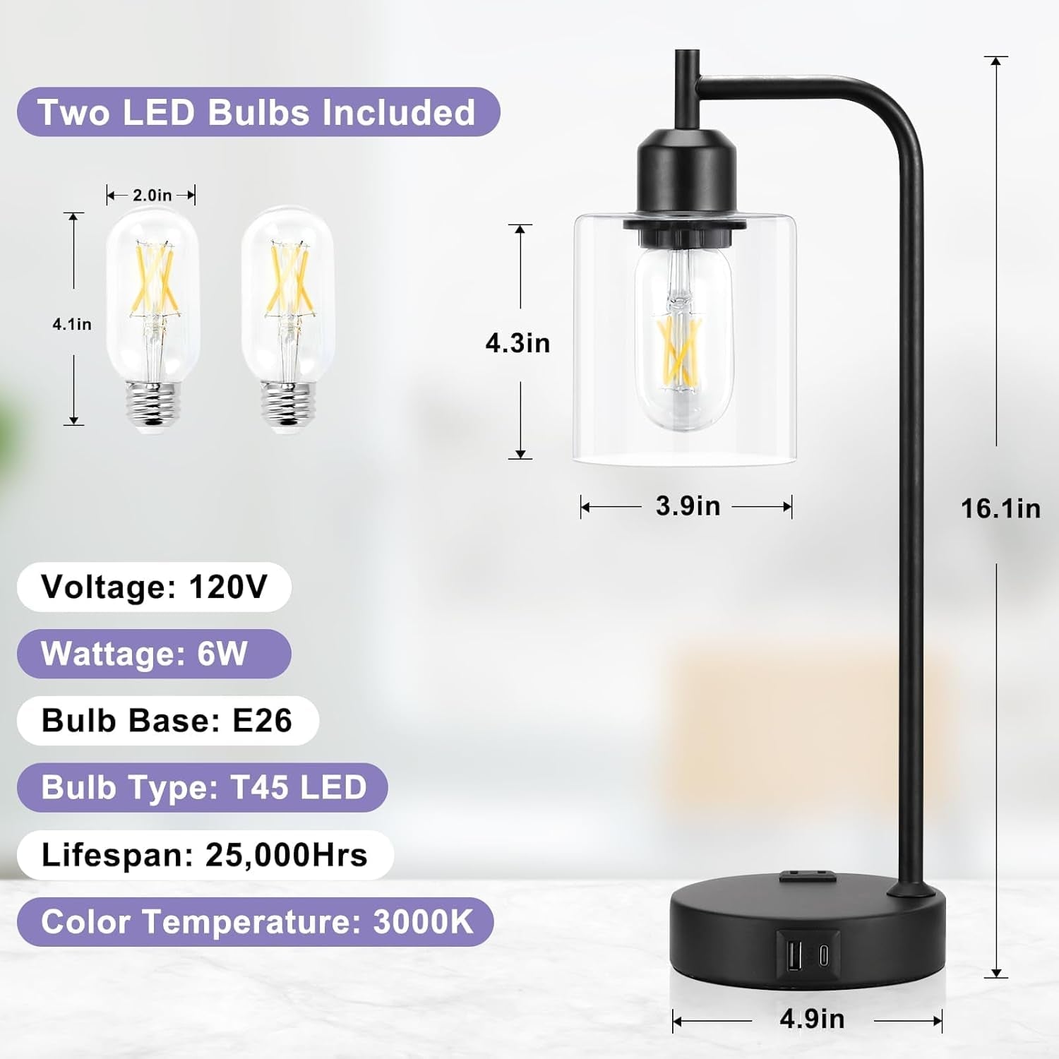 Industrial Touch Table Lamps for Bedrooms Set of 2 - 3-Way Dimmable Nightstand Lamps with USB C+A Ports and Outlet, Black Bedside Lamps with Glass Shade for Living Room, Desk Lamps for Home Office-3