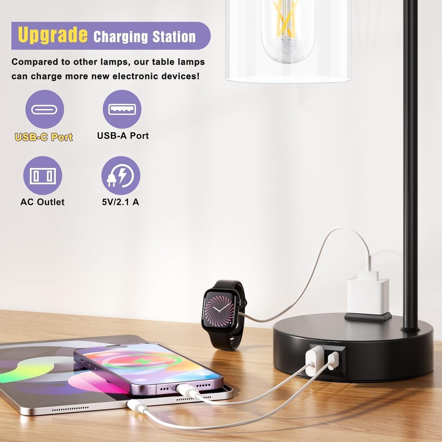 Industrial Touch Table Lamps for Bedrooms Set of 2 - 3-Way Dimmable Nightstand Lamps with USB C+A Ports and Outlet, Black Bedside Lamps with Glass Shade for Living Room, Desk Lamps for Home Office-1