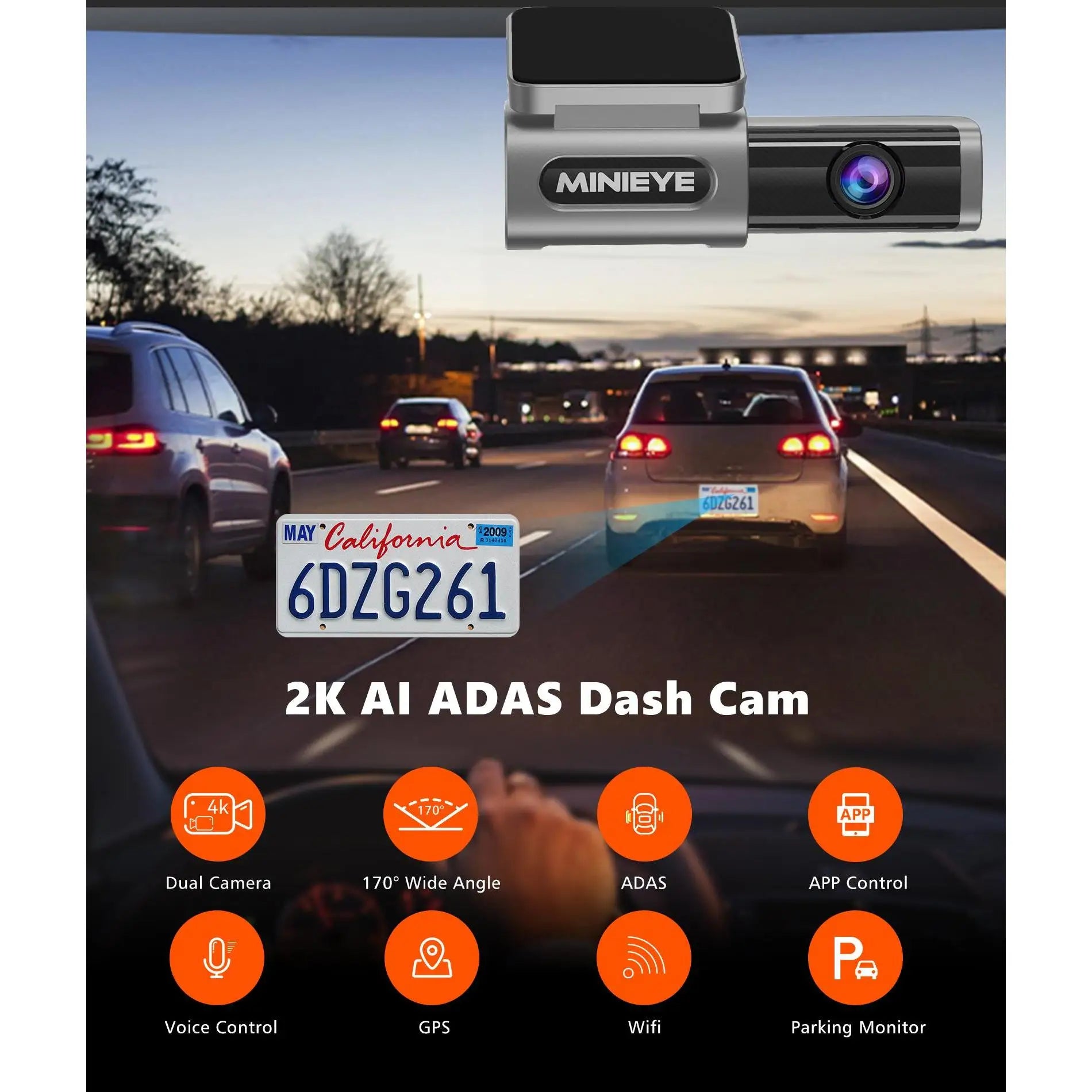 Dash Cam - 4K + 1080P Car Camera with ADAS Driver Alerts, 170° Wide View, Night Vision, Parking Mode, G-Sensor, Loop Recording A-1