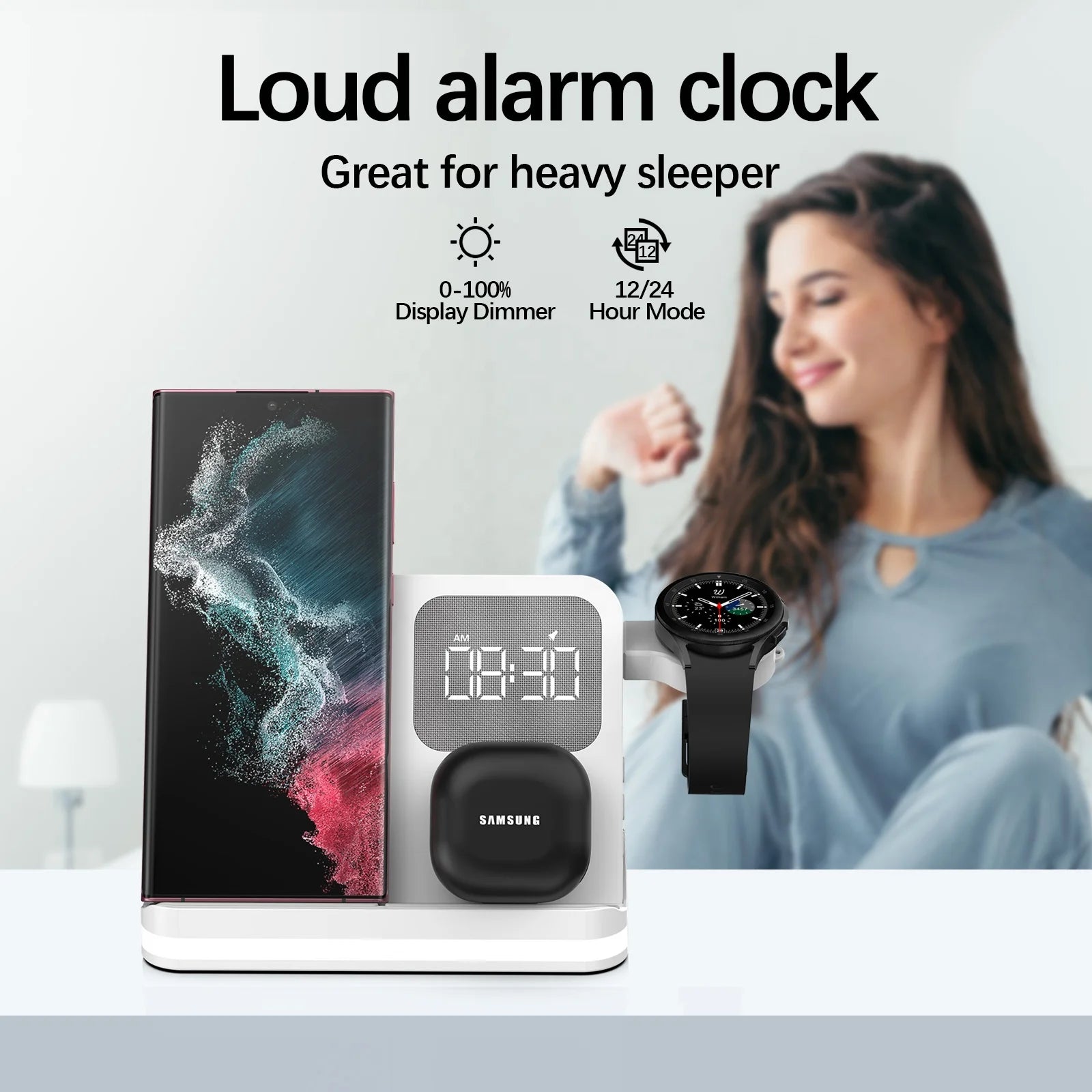 Best Selling Products 2025 Multifunctional Wireless Charger Night Light Alarm Clock 3 in 1 Wireless Charger Cell Phone Holder-5