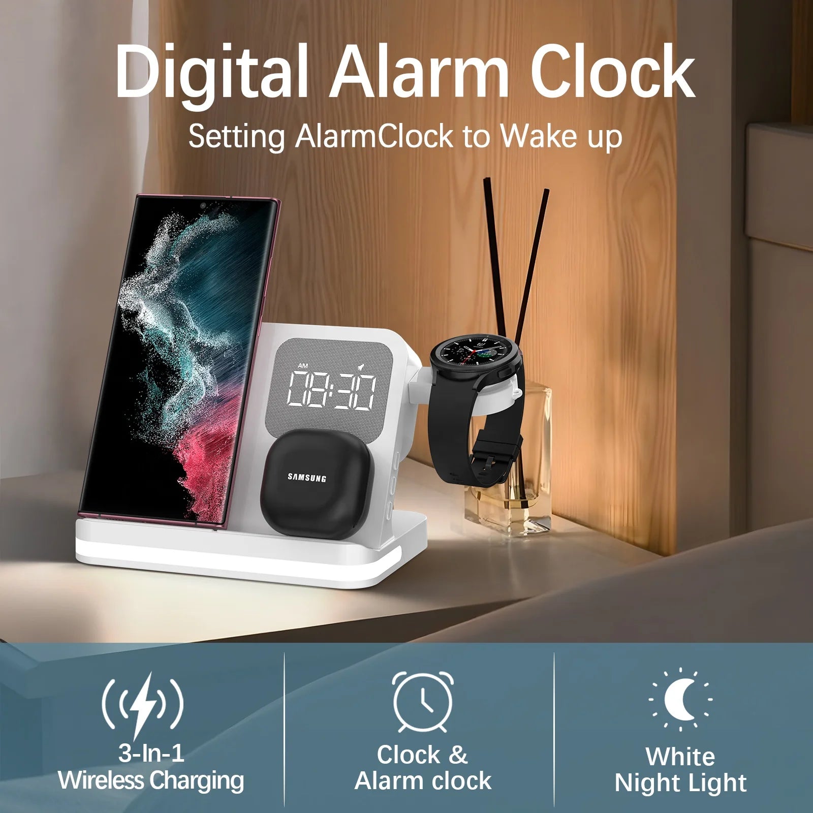 Best Selling Products 2025 Multifunctional Wireless Charger Night Light Alarm Clock 3 in 1 Wireless Charger Cell Phone Holder-1