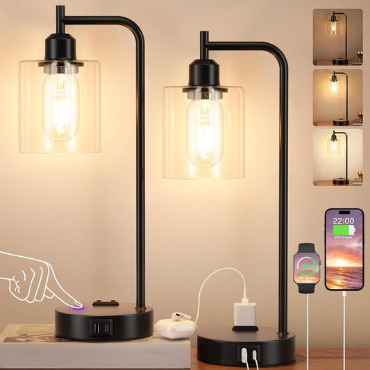 Industrial Touch Table Lamps for Bedrooms Set of 2 - 3-Way Dimmable Nightstand Lamps with USB C+A Ports and Outlet, Black Bedside Lamps with Glass Shade for Living Room, Desk Lamps for Home Office-0