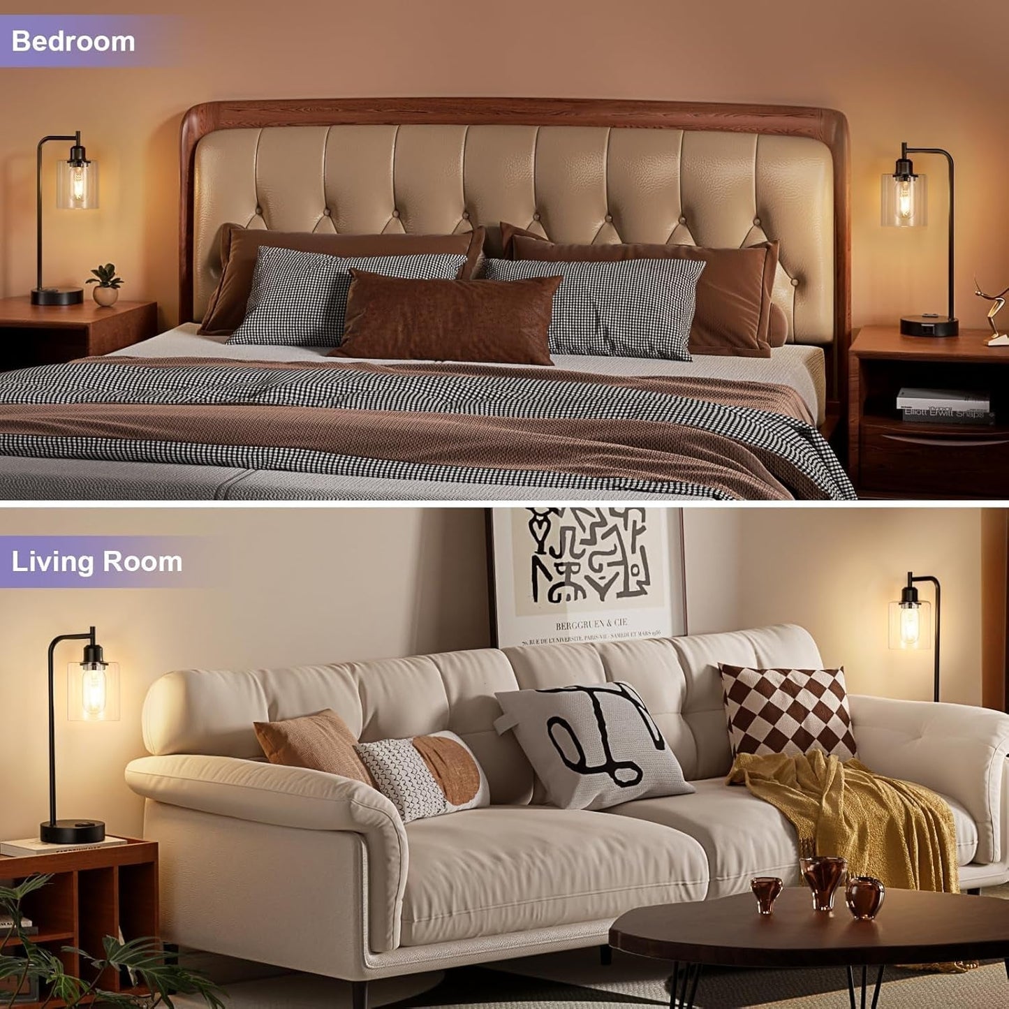 Industrial Touch Table Lamps for Bedrooms Set of 2 - 3-Way Dimmable Nightstand Lamps with USB C+A Ports and Outlet, Black Bedside Lamps with Glass Shade for Living Room, Desk Lamps for Home Office-4